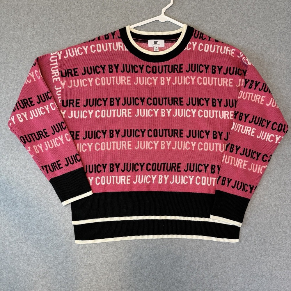 Juicy Couture Sweater M Pink Logo Allover Graphic Stripe Crewneck Knit Boxy Y2K